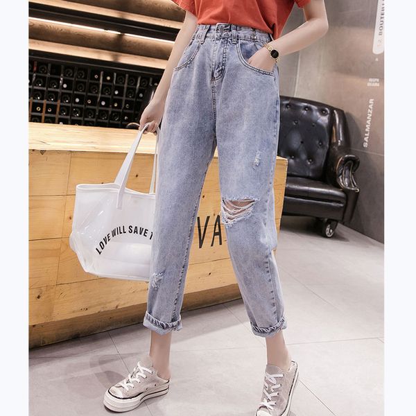

harem jeans high waist woman hole casual denim pants classic style loose jeans woman 6615, Blue