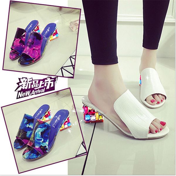 

2019 crystal high heel woman shoes peep toe rhinestone slippers flip flops woman square heel sandals lady slippers footwear, Black