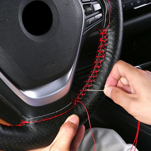 

38cm diy genuine leather car steering wheel cover soft anti slip 100% cowhide braid with needles thread auto accessories