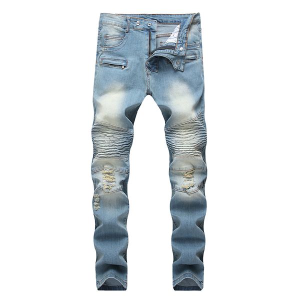 

men's light blue holes ripped biker jeans for motorcycle slim fit pleated stretch denim straight pants