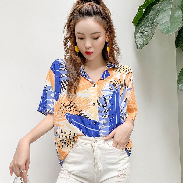 

vintage short sleeve printed casual blouse hawaiian beach shirts harajuku women blouse and rk, White