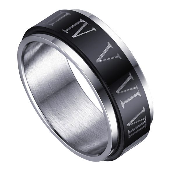 

rock steampunk black silvery mens womens rotatable roman numerals band stainless steel rings multi size, Golden;silver