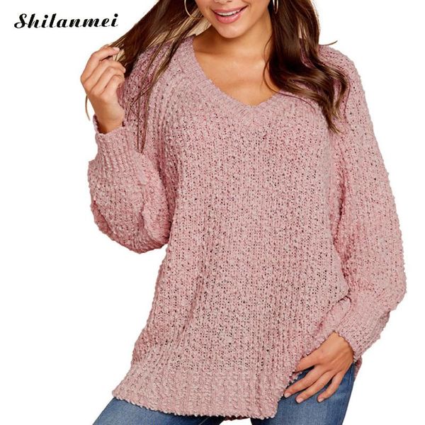 

2019 pullover sweater female long sleeve v neck autumn loose knitted pullovers solid white casual fashion sweater jumper female, White;black