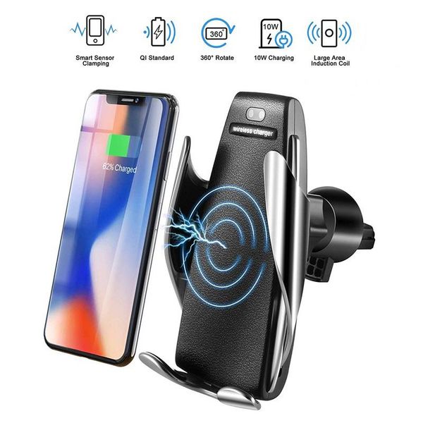 

s5 wireless car charger automatic clamping for iphone android air vent phone holder 360 degree rotation 10w fast charging with box