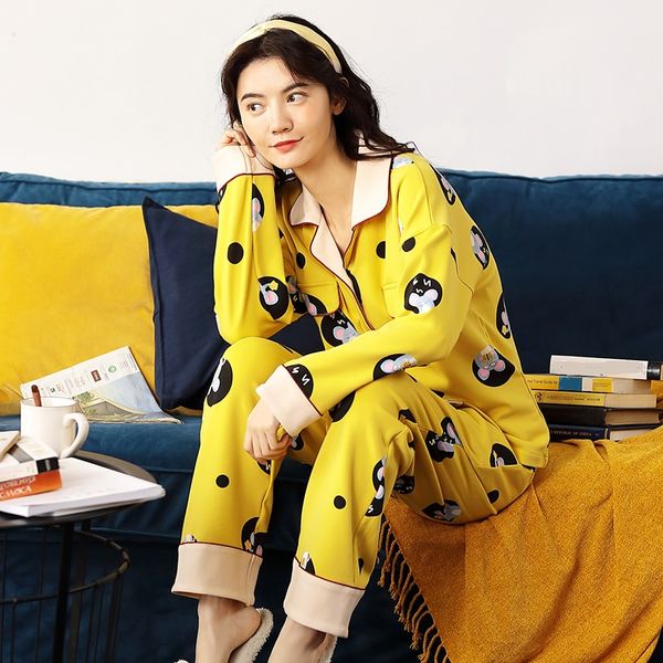 

women pajamas autumn knitted cotton pajama set cartoon pijama mujer long sleeve turn-down collar thin casual female homewear, Black;red