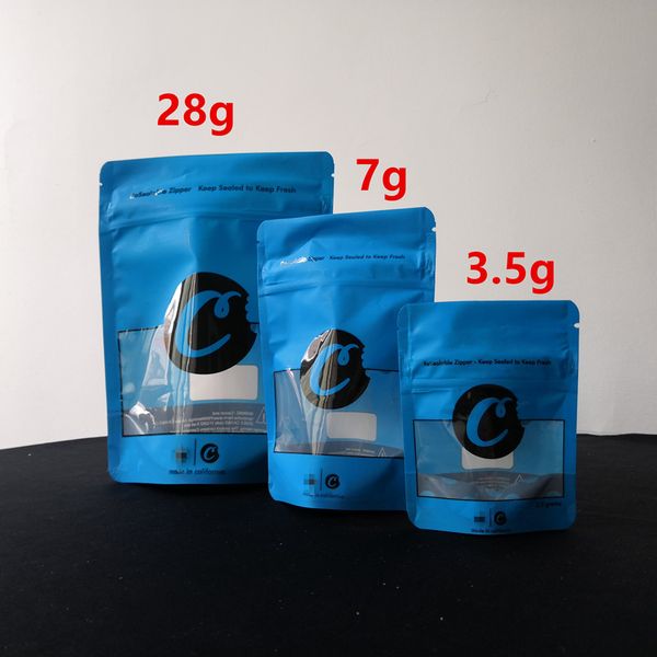 

3 size 28g 7g 3.5g blue red cookies zipper smell proof bags packaging stand up pouches dry herb child proof function