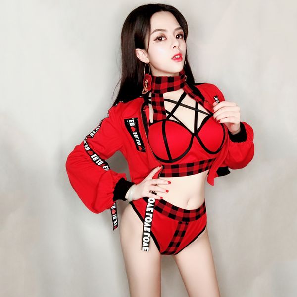 

women's hip hop jazz dance costume red bikini suit female singer nightclub dj ds pole dancing clothes stage outfit dwy183, Black;red
