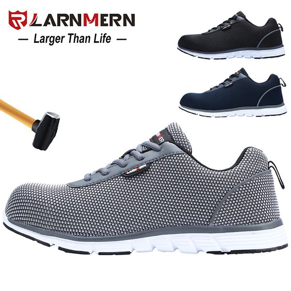 

larnmern men's safety shoes steel toe construction protective footwear lightweight 3d shockproof work sneaker shoes for men, Black