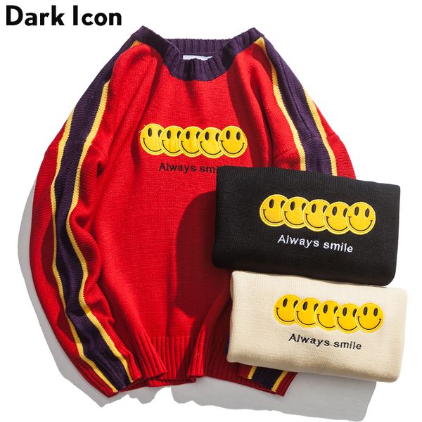 

always smile embroidery color block pullover men's sweater 2018 winter oversize sweater preppy style 3 colors, White;black