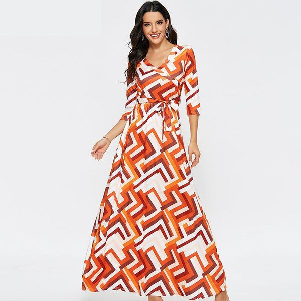 

2020 fashion geometric print long dress women spring half sleeve casual maxi dresses ladies v neck boho beach dress, Black;gray