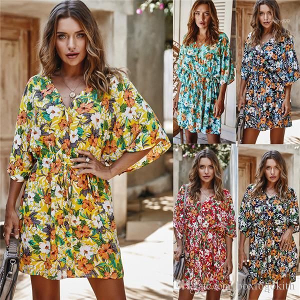 

beach casual half sleeved v neck dresses fashion women dresses floral printed women dresses holiday style, Black;gray