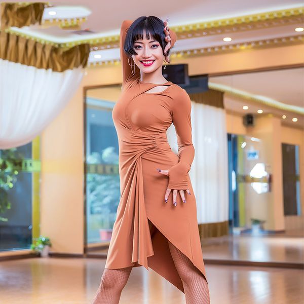 

latin dance dress long sleeve irregular skirt lady ballroom tango dresses cha salsa clothes for women latin practice wear, Black;red