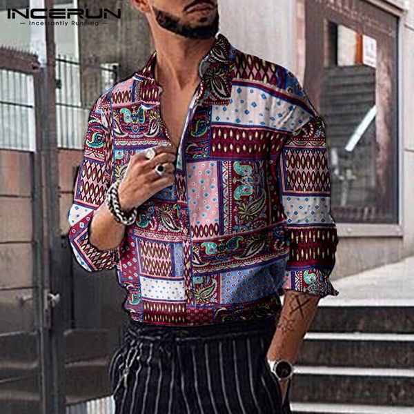 

incerun men printed long sleeve casual lapel single breasted streetwear comfort holiday small fresh mens blouse plus size, White;black