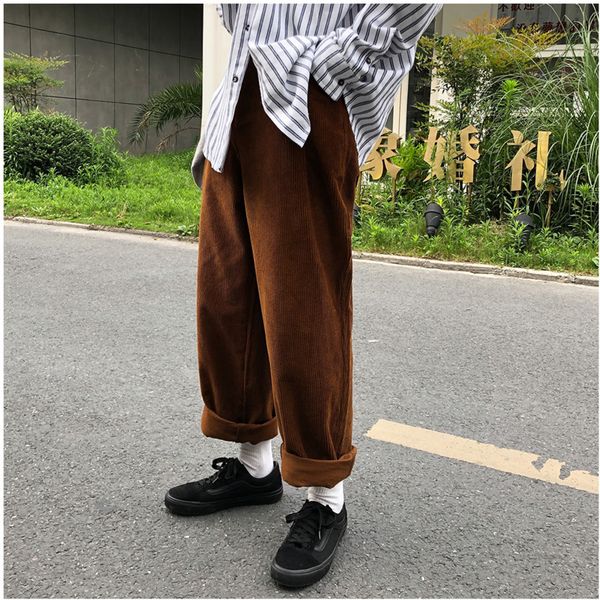 

2019 spring and autumn new japanese retro loose fashion casual corduroy trousers solid color beam pants black / brown m-xl