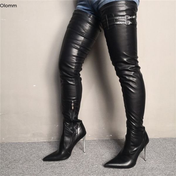 

olomm new women thigh high boots stiletto high heels boots pointed toe gorgeous black party shoes women plus us size 5-15
