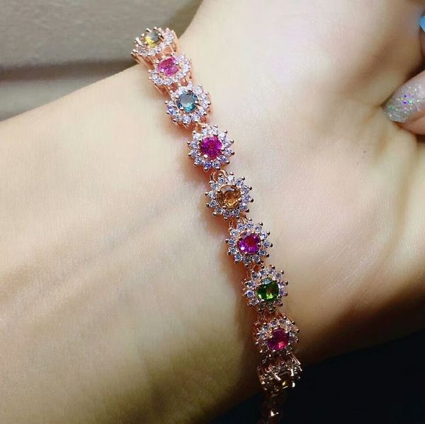 

meibapj 925 sterling silver natural tourmaline gemstone sunflower bracelet for women fine bangle wedding jewelry, Golden;silver