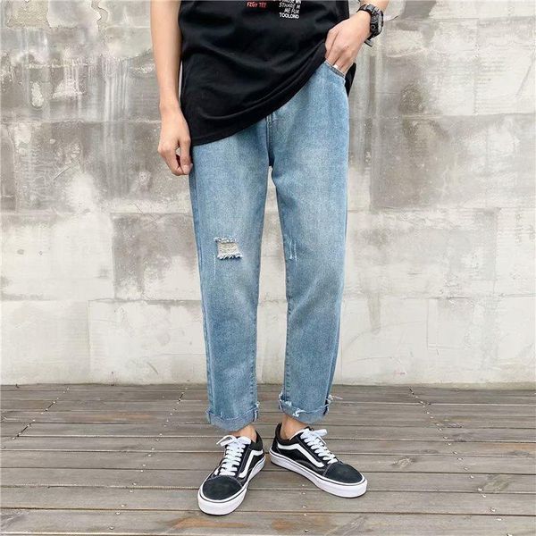 

jeans rotten feet male straight leg loose nine-point drop wide-leg pants wild tide brand light 9 points pants net red ins, Blue