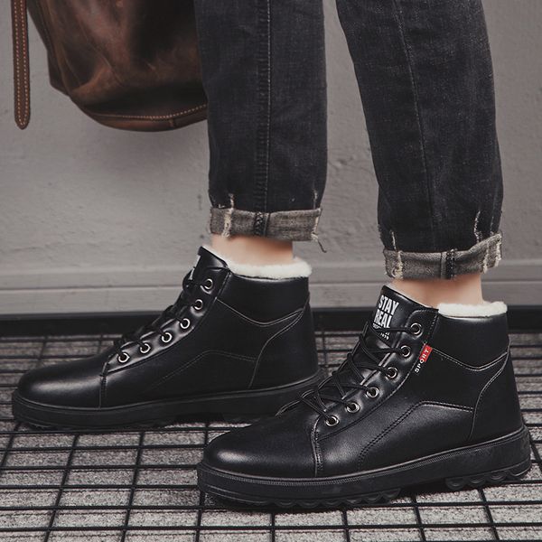 

solid color winter casual shoes teen ulzzang ankle boots winter rope soled shoes american hip-pop pu skate sneakers faux fur shoes, Black