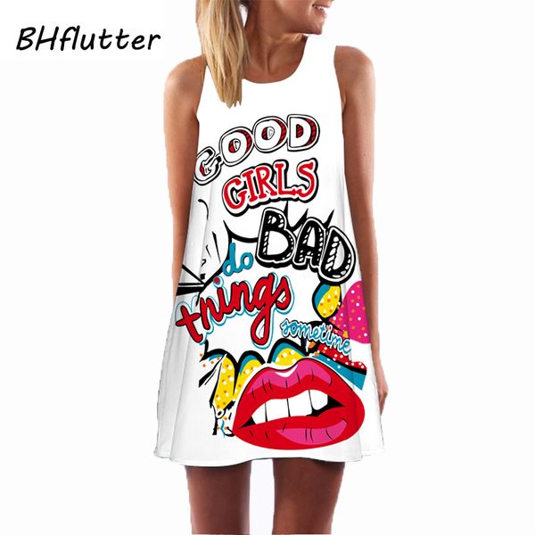 

bhflutter summer dress women new fashion red lips print cute party dress sleeveless o neck casual chiffon dresses vestidos, Black;gray