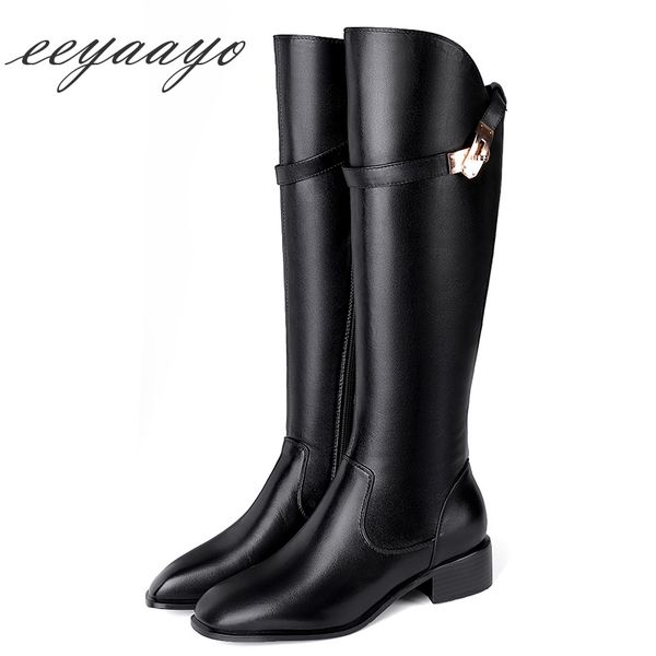 

2019 new genuine leather winter women knee-high boots middle heel square toe zipper metal ladies women shoes black boots