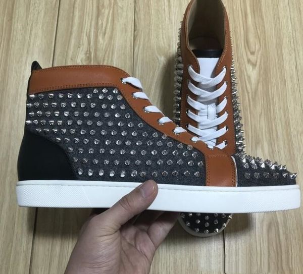 

italy brand design red sole sneaker spiked flat men's red bottom sneakers high genuine leather full spikes factory wholesale 35-47, Black