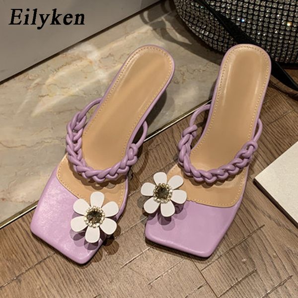 

eilyken summer fashion flower weave strap square head clip toe women slippers low heels outdoor elegant casual femme sandals, Black