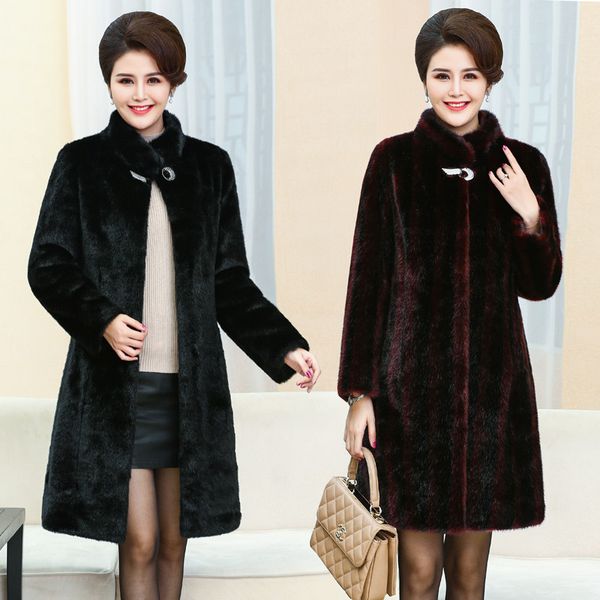 

middle age clothing fashionable female clothes classic women fur coat plus-size imitation mink long winter fur coats warm k4247, Black