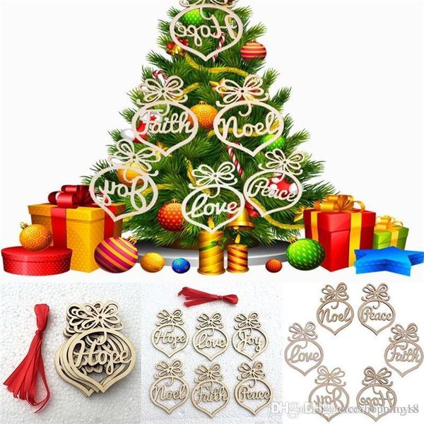 

good 6pcs/set hollow letters natural wood christmas ornaments hanging christmas tree decorations #248
