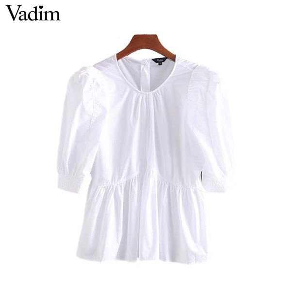 

vadim women elegant solid blouses half sleeve o neck pleated shirt female black white casual chic blusas da617