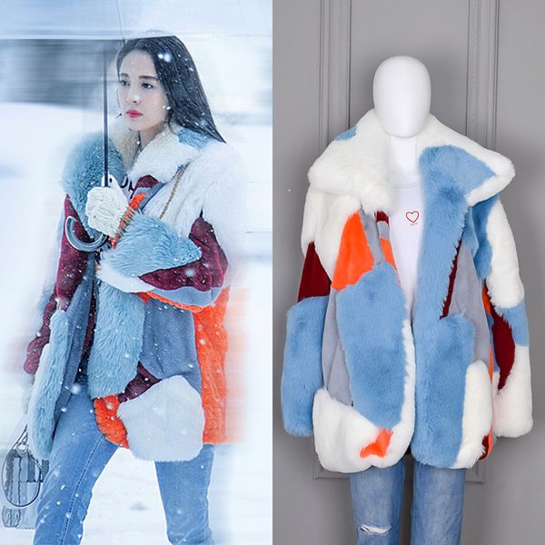 

ewq]fashion trend turn-down collar full sleeve color matching long fur coat women wool coat thick warm winter woolen ql495, Black