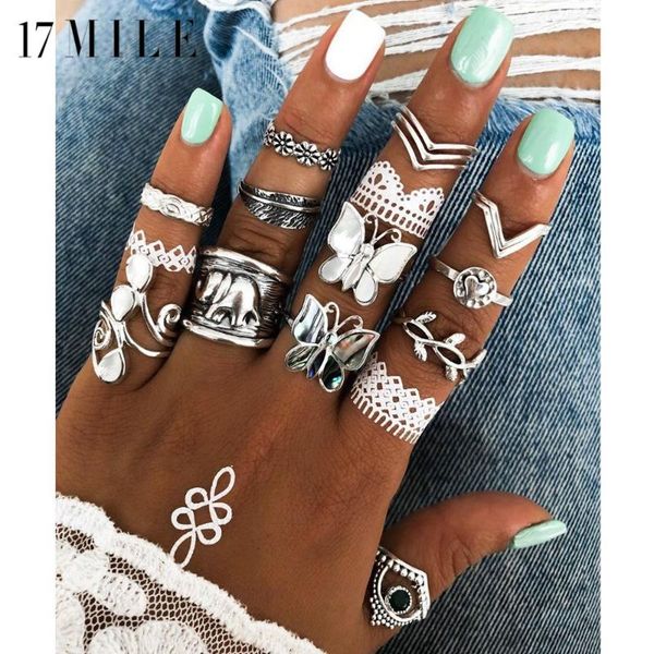 

17mile vintage leaves butterfly ring set for women silver color rings set cross heart joint bohemian jewelry, Golden;silver