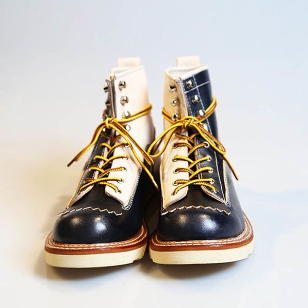 

New Japanese Retro Patchwork Genuine Leather Boots Men Round Toe Lace Up Motorcycle Ankle Boots Casual Men Leather Shoes