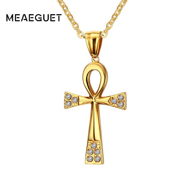 

crystal key to life egypt cross necklaces women men stainless steel prayer ankh pendant jewelry 20/24 inch chain, Silver