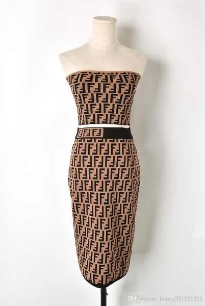 

european new design women off shoulder strapless tube f letter jacquard knitted crop and knee length pencil skirt twinset suit