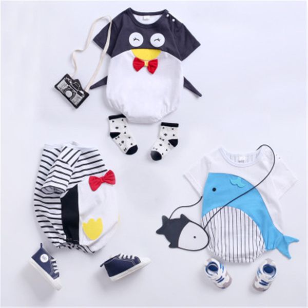 

newborn baby clothes boy gril smmer outfit short sleeve whale penguin animal romper cotton triangle jumpsuit for 0-18m, Blue