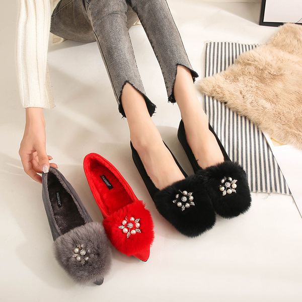 

women shoes autumn casual female sneakers flats loafers fur pointed toe fall boat winter new wedding dress big size tpr flock, Black