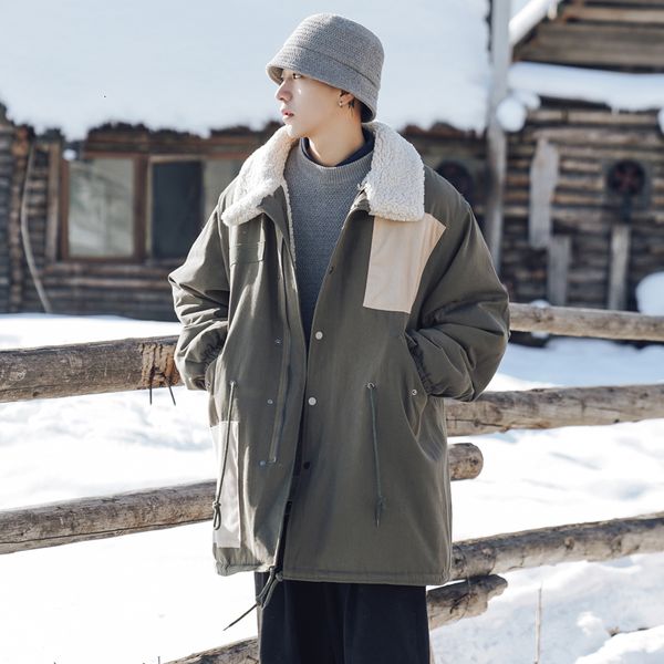 

winter long coat men warm thick fashion parka men contrast color casual lapel coat man wild loose cotton jacket male clothes, Black