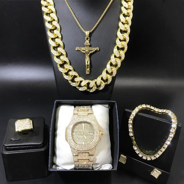 

men gold watch men watch & necklace & braclete earrings ring combo set out cuban crystal miami necklace chain, Silver