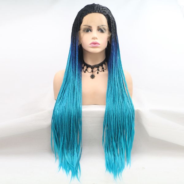 

2019 new design fashion beauty 28" lace frontal synthetic braid natural wave ombre blue ing, Black