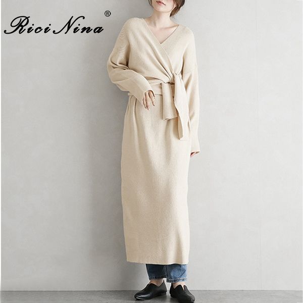 

ricinina sweater dress women v-neck long sleeve sashes women maxi dress spring casual elegant slim bandage solid ladies dresses, Black;gray