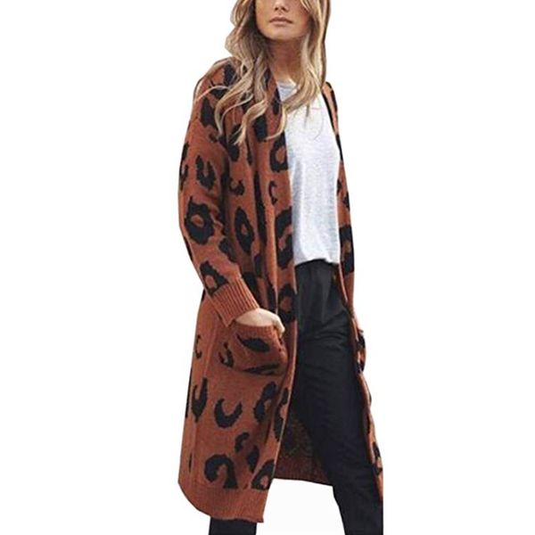 

new long cardigan women leopard pattern long sleeve knitting sweaters plus size loose winter clothes knitwear wool coat 66838-dp, Black