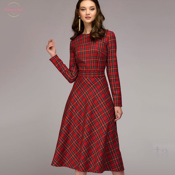 

women vintage plaid printed a line sashes party dress long sleeve o neck office lady dress 2020 winter new fashion dress, Black;gray