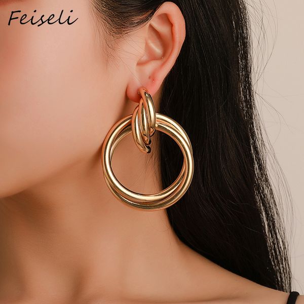 

feiseli big size circle knotted stud earrings for women personalized silver gold color geometric round twist earrings jewelry, Golden;silver