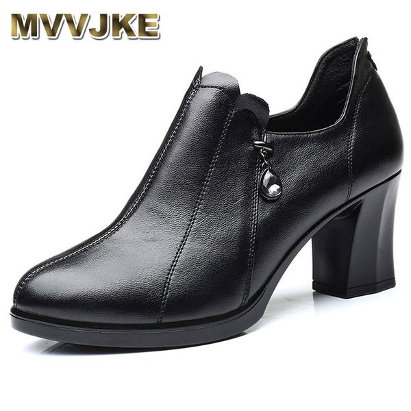 

mvvjke autumn new fashion genuine leather shoes women's pumps high heel thick with deep mouth wild professional work shoes e040, Black