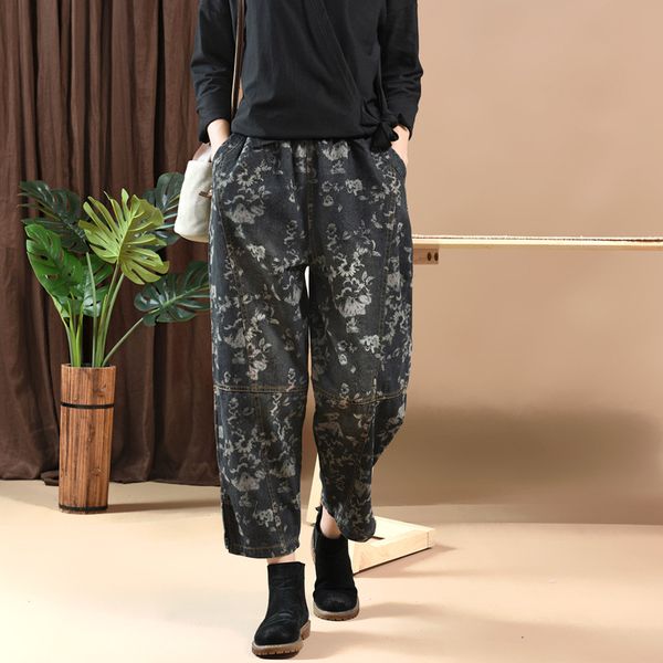

women jeans autumn winter retro elastic waist loose denim trousers 2019 new female casual pocket print vintage pants, Blue