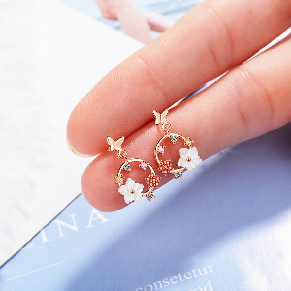 

925 sterling silver crystal earrings hanging hollow pendant flower earrings butterfly for women jewelry 2019
