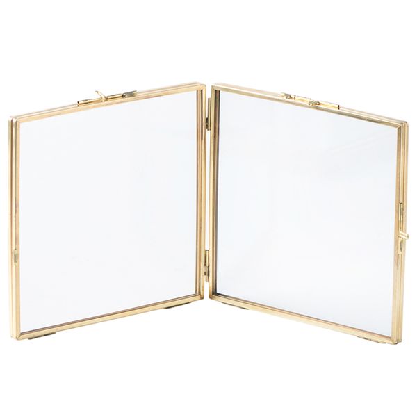 

folded double-sided glass metal p frame, botanical specimen holder, electroplated gold-covered display stand