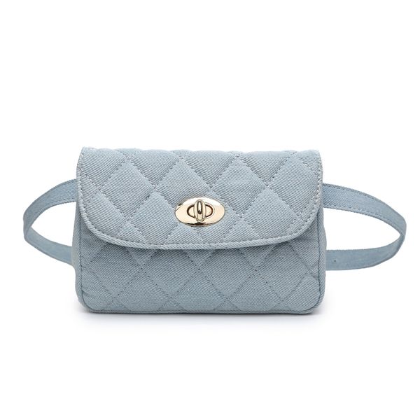 

elegant denim waist bag women with metal chain solid fanny packs hasp travel small crossbody bag ladies phone wallet belt bags