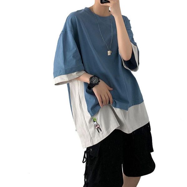 

fake two short-sleeved men tide brand personality fashion leisure wild loose short-sleeve t-shirt summer new sleeve, White;black