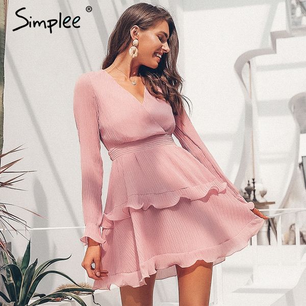 

simplee elegant pleated chiffon women dress summer 2019 long sleeve v neck ruffles white dresses casual mini dress vestidos, Black;gray